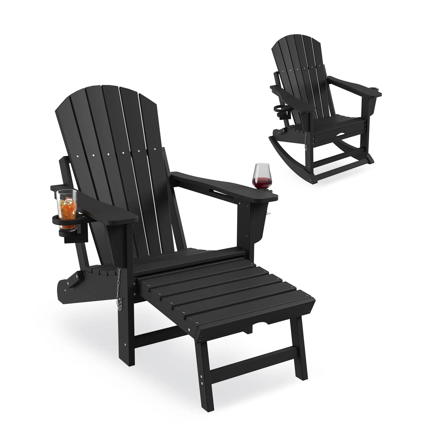 4-In-1 Adirondack Rocking Chair, HDPE All-Weather Folding Rocker With Retractable Ottoman Cup Holders, Outdoor Porch Patio Chair