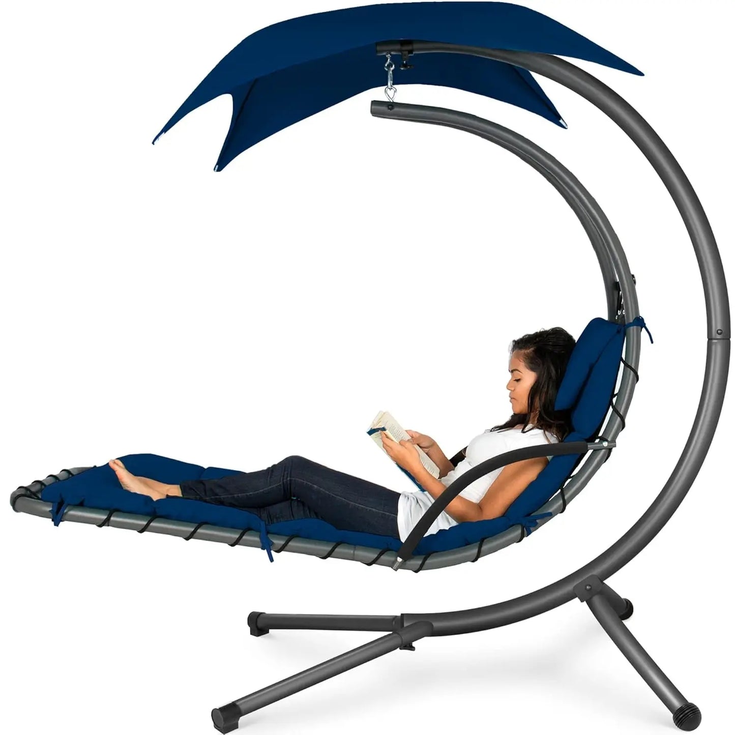 Outdoor Hanging Curved Steel Chaise Lounge Chair Swing w/Built-in Pillow and Removable Canopy - Peacock Blue, Customized