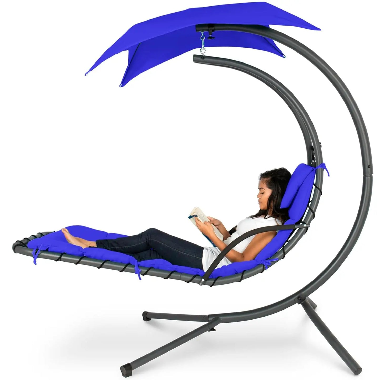 Outdoor Hanging Curved Steel Chaise Lounge Chair Swing w/Built-in Pillow and Removable Canopy - Peacock Blue, Customized
