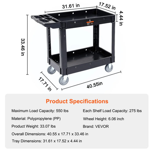 SucceBuy 2/3 Shelf Utility Service Cart Dolly with 360° Swivel Wheels Ergonomic Storage Handle for Warehouse/Garage/Cleaning