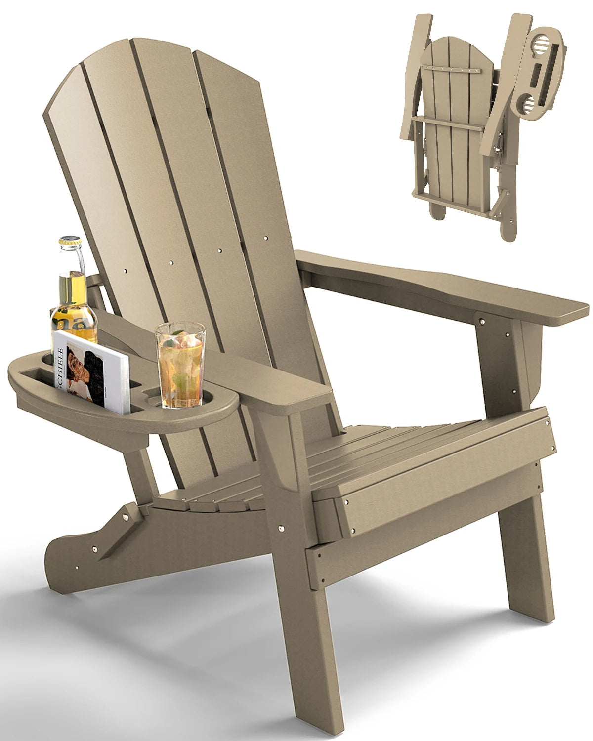 FOOWIN 1/2pcs Folding Adirondack Chair Weather Resistant HDPE Plastic Cup Holder Outdoor Patio Garden Fire Pit Deck Lawn