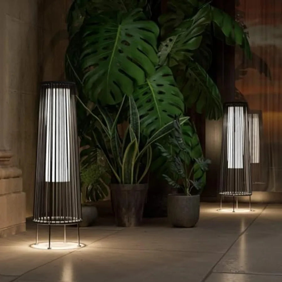 Outdoor Floor Solar Light 2-Pack Wicker Solar Patio Lamp Waterproof Outside Deck Lamp for Porch Yard Garden Lawn Decorations -