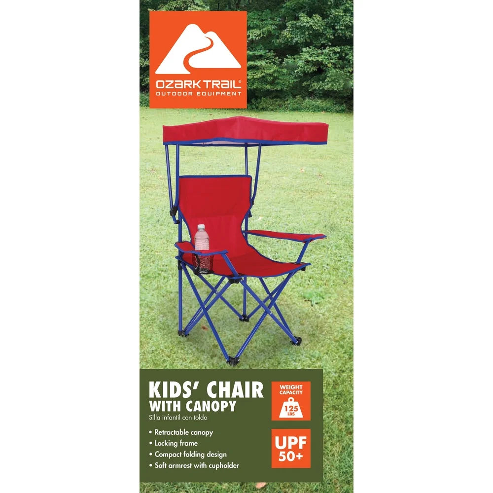 Kids Canopy Camp Chair with Safety Lock Portable Foldable Child Seat with Cup Holder Adjustable Canopy Outdoor Beach Backyard