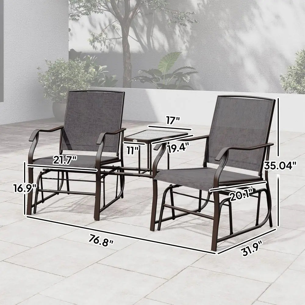 Outdoor Glider Chairs with Coffee Table, Patio 2Seat Rocking Chair Swing Loveseat with Breathable Sling for Backyard, Garden, a