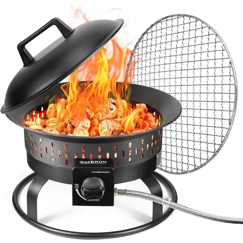 Portable Outdoor Propane Fire Pit with Grill, Cover & Carry Kit, 60,000 BTU, Perfect for Patio, Camping, RV, Smokeless