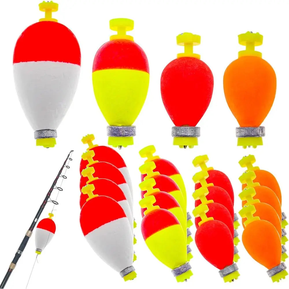 Set of Assorted Push-Button Snap-On Foam Fishing Bobbers with Weights