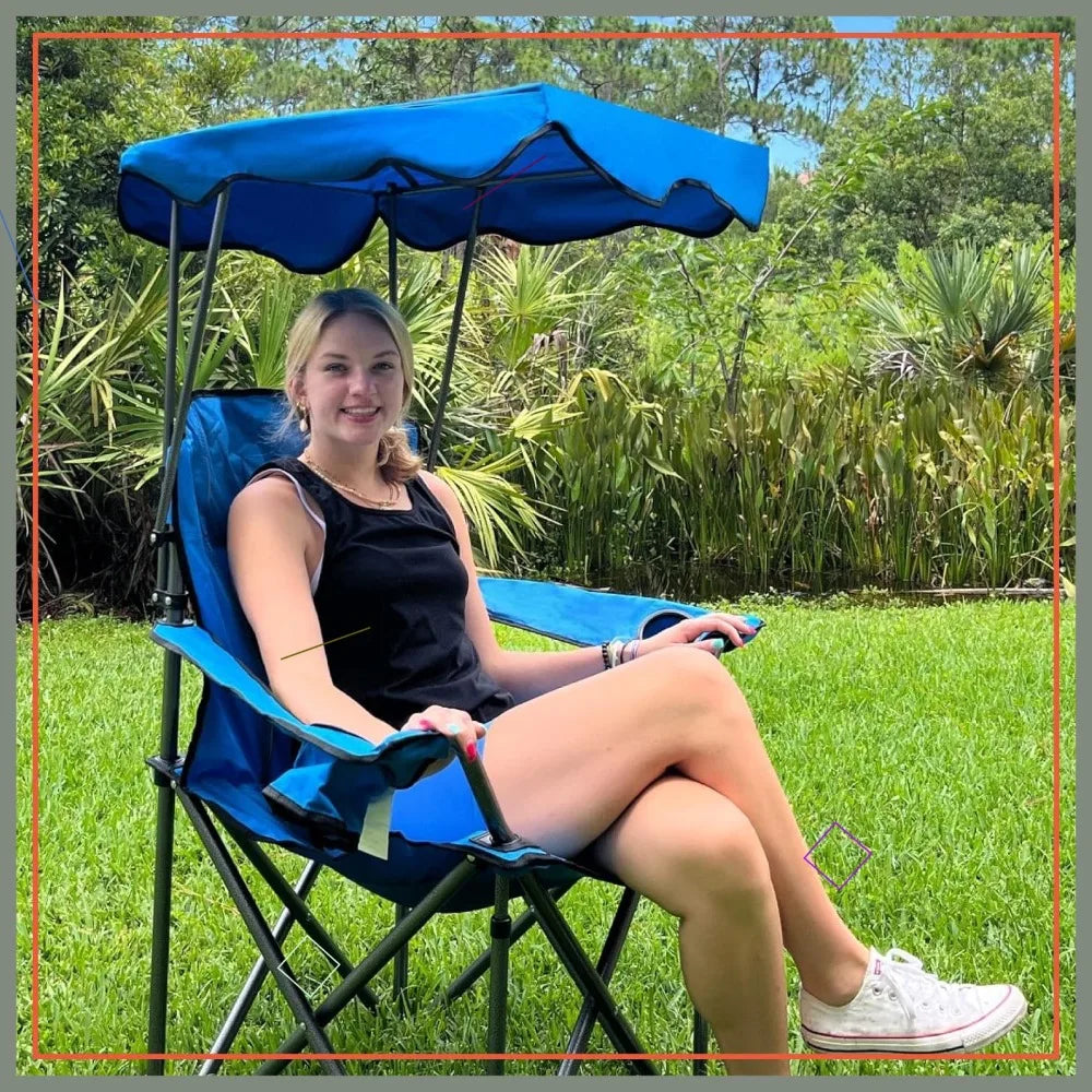 Folding Camping Chair with Sun Shade Canopy, Heavy Duty 350 LBS Capacity, Portable for Outdoor Beach Hiking