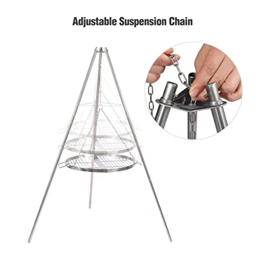 Campfire Tripod Grill for Cooking Durable Stainless Steel Camping Fire Tripod Grill with Round Grate and Carrying Bag for Outdo