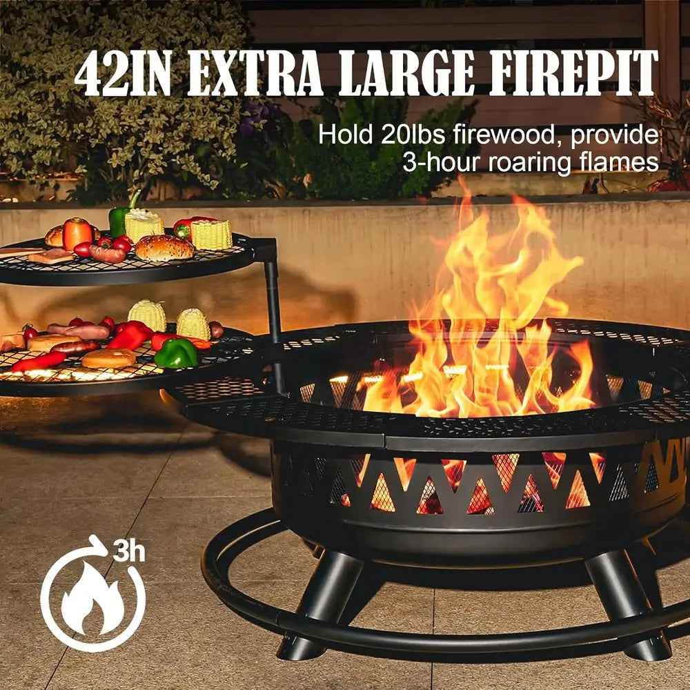 42 Double Grill Fire Pit - Outdoor Wood-Burning Fireplace for Camping, Picnics, Bonfires - 3-in-1 Metal Table with Lid for Backy
