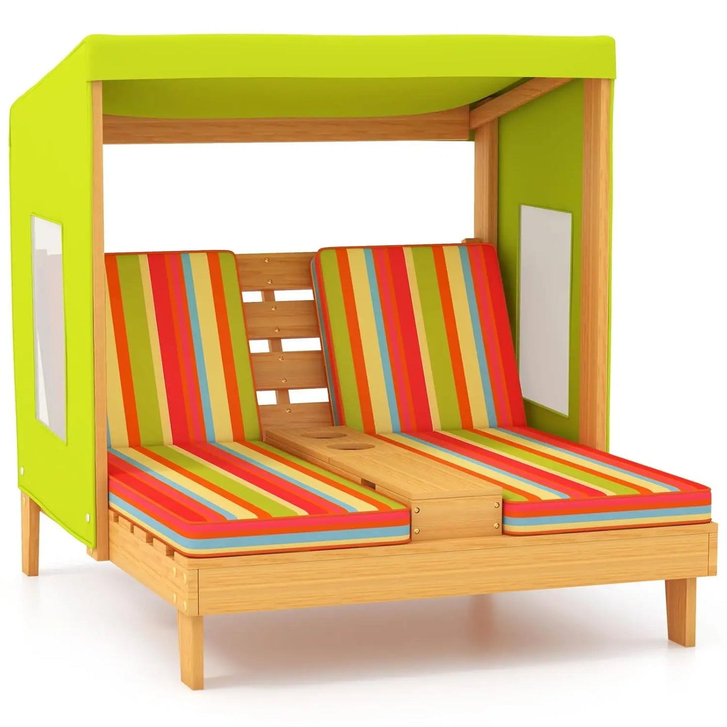 Kids Chaise Lounge Chair Outdoor, Toddler Wood Double Pool Lounger Chairs w/Canopy, Cup Holders, Removable Stripped, Customized