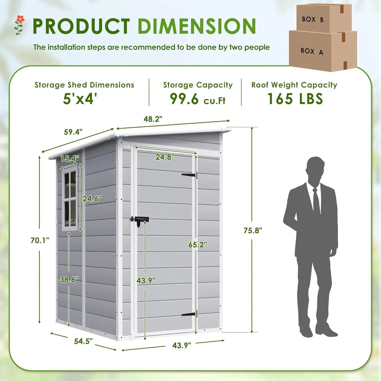 Outdoor Storage Shed, 5 x 4 FT Resin Shed with Floor and Lockable Door, Plastic Garden Tool Outside Sheds for Patio, Customized