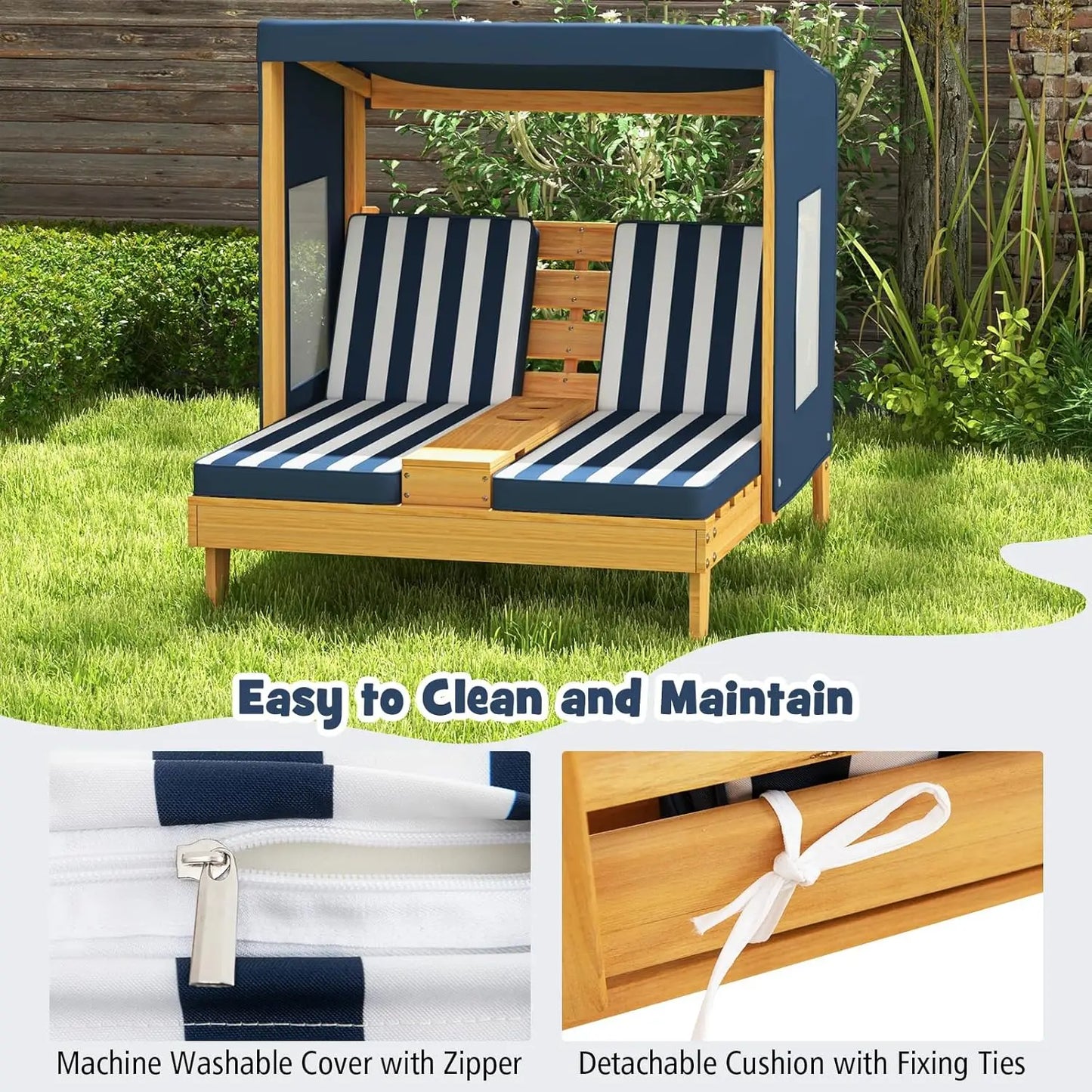 Kids Chaise Lounge Chair Outdoor, Toddler Wood Double Pool Lounger Chairs w/Canopy, Cup Holders, Removable Stripped, Customized