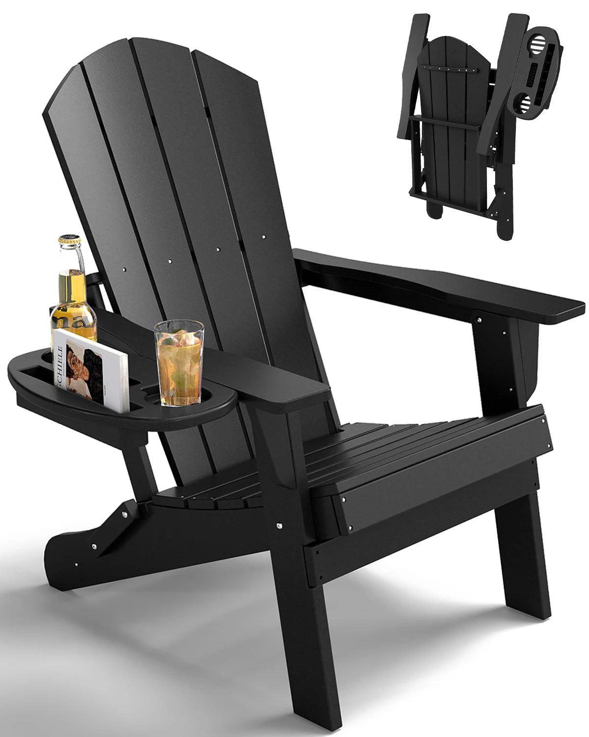 FOOWIN 1/2pcs Folding Adirondack Chair Weather Resistant HDPE Plastic Cup Holder Outdoor Patio Garden Fire Pit Deck Lawn