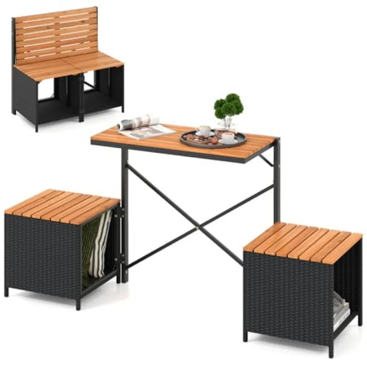 2-in-1 Outdoor Convertible Bench with Metal Frame PE Rattan Acacia Wood Foldable Picnic Table and Chairs Set in Brown for Porch