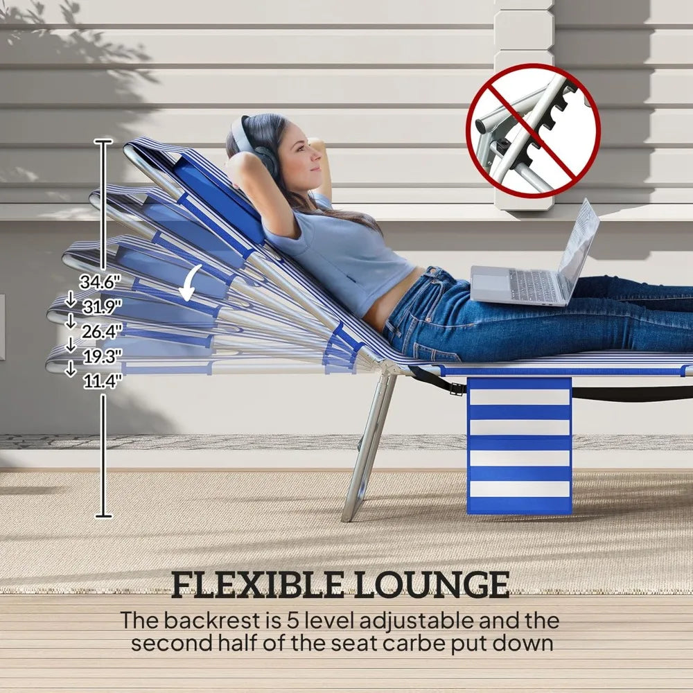 Outdoor Folding Chaise Lounge Chair with Face Hole, 5-Position Reclining Tanning Bed for Beach Pool Patio, Blue Stripe