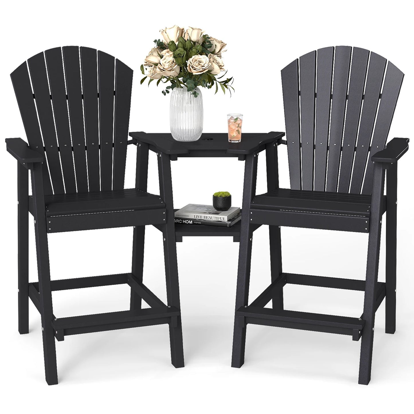 FOOWIN Tall Adirondack Chair Set of 2, All Weather HDPE Bar Height Adirondack Chair with Double Connecting Trays