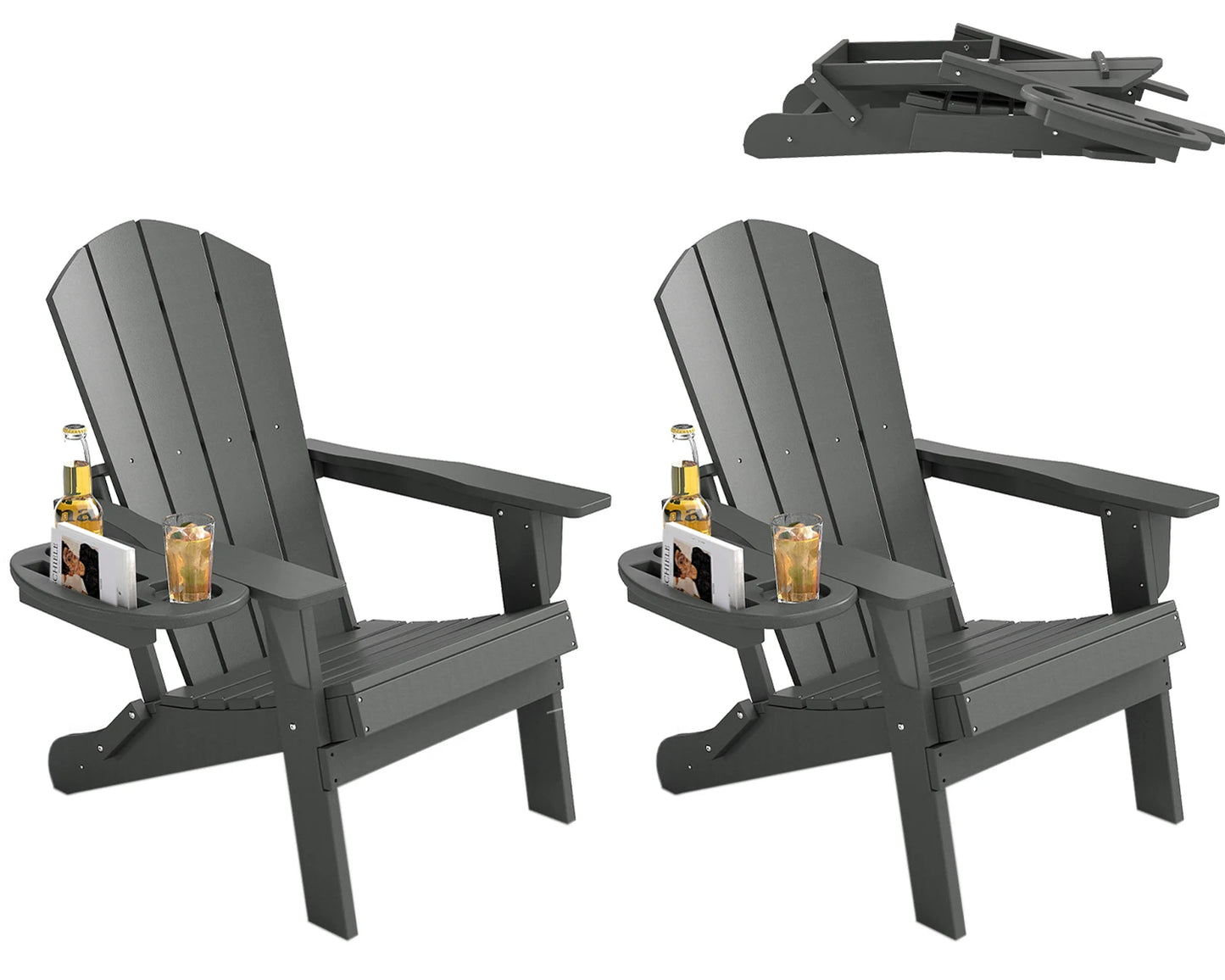 FOOWIN 1/2pcs Folding Adirondack Chair Weather Resistant HDPE Plastic Cup Holder Outdoor Patio Garden Fire Pit Deck Lawn