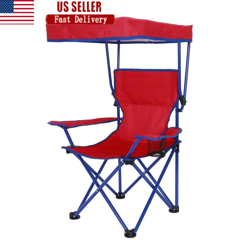 Kids Canopy Camp Chair with Safety Lock Portable Foldable Child Seat with Cup Holder Adjustable Canopy Outdoor Beach Backyard
