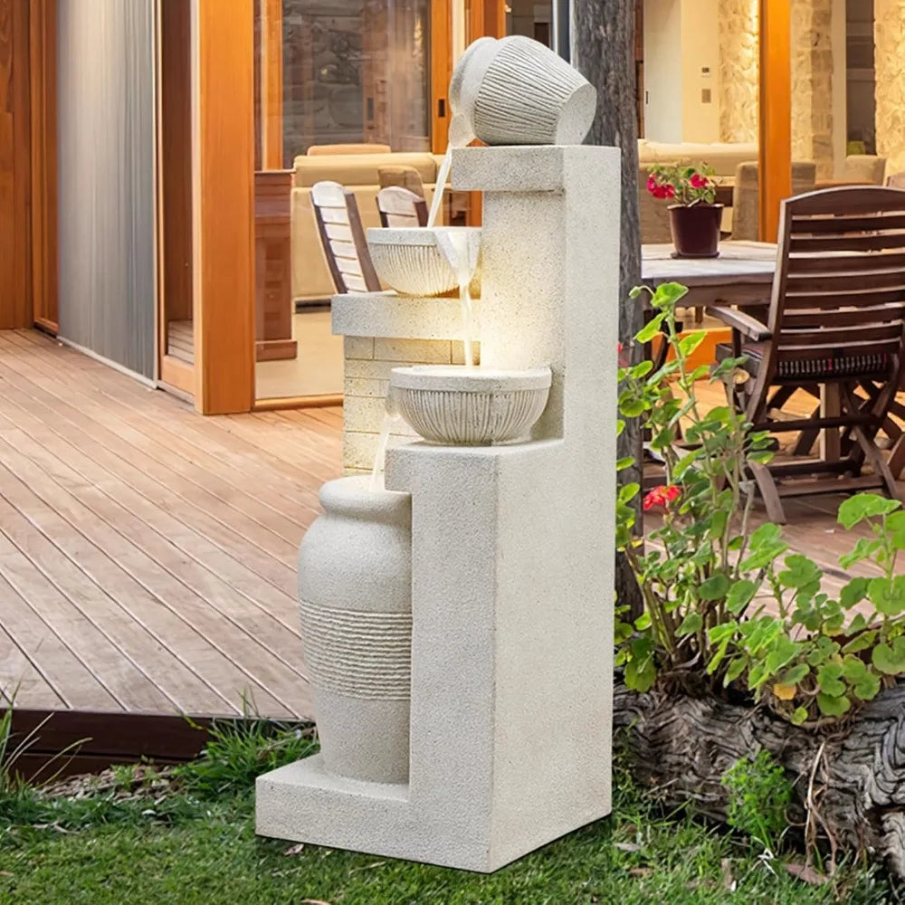 42.52 Inch Tall Outdoor Garden Water Fountain with 4 Cascading Tiers and LED Lights, Suitable for Patio and Backyard