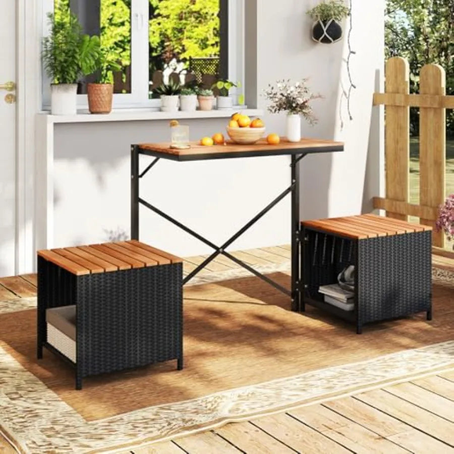 2-in-1 Outdoor Convertible Bench with Metal Frame PE Rattan Acacia Wood Foldable Picnic Table and Chairs Set in Brown for Porch