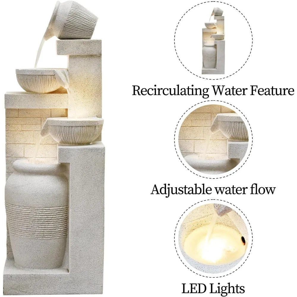 42.52 Inch Tall Outdoor Garden Water Fountain with 4 Cascading Tiers and LED Lights, Suitable for Patio and Backyard