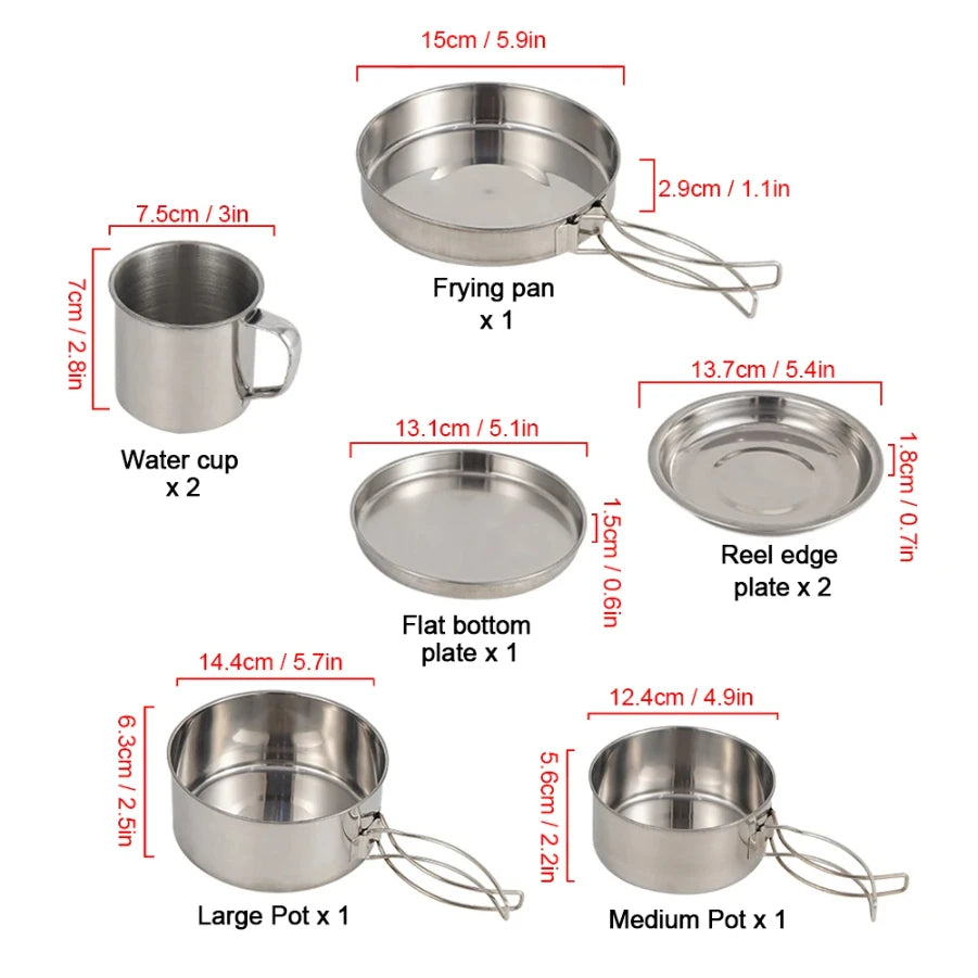 CAOX 8pcs/Set Camping Cookware Mess Kit Stainless Steel Cooking Pot and Pan Set with Plates Cups for Outdoor Hiking Backpacking