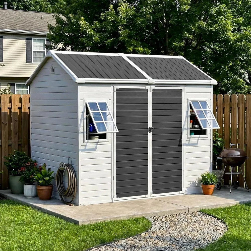 8x6 FT Resin Storage Shed with Floor & Adjustable Windows Large Outdoor Shed Waterproof Plastic Garden Sheds for, Customized