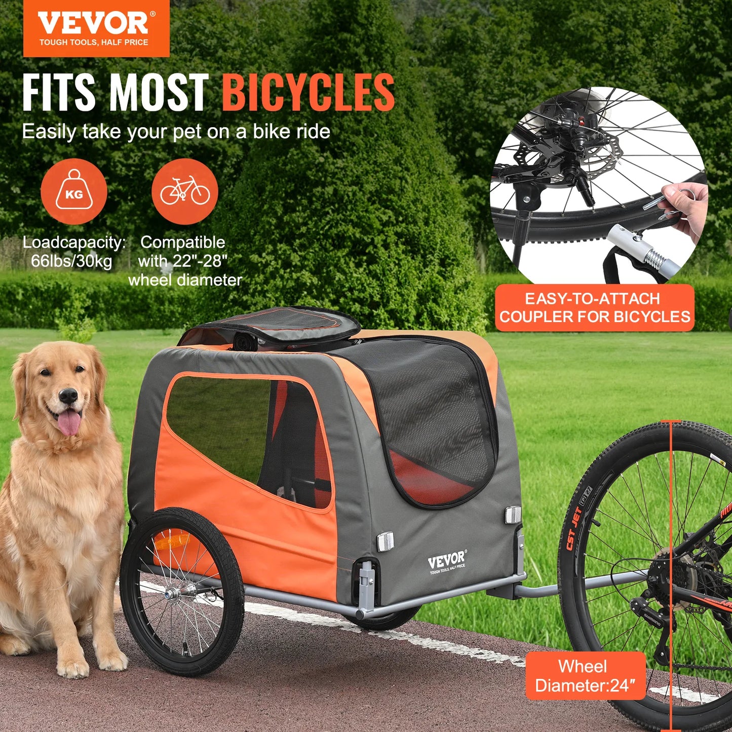 SucceBuy 66 lbs Pet Cart Bicycle Carrier Dog Bike Trailer with Folding Frame,Wheels Coupler Reflectors Flag for Dogs Accessories