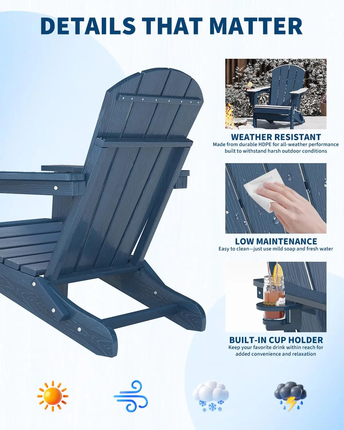 Folding Adirondack Chair With Cup Holder, All-Weather HDPE Patio Chair, Wood Textured 380lb Deck & Garden Chair