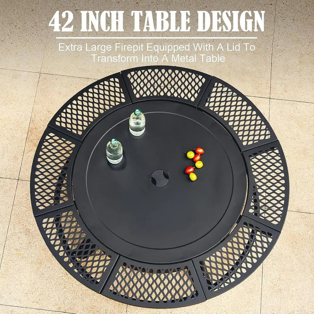 42 Double Grill Fire Pit - Outdoor Wood-Burning Fireplace for Camping, Picnics, Bonfires - 3-in-1 Metal Table with Lid for Backy