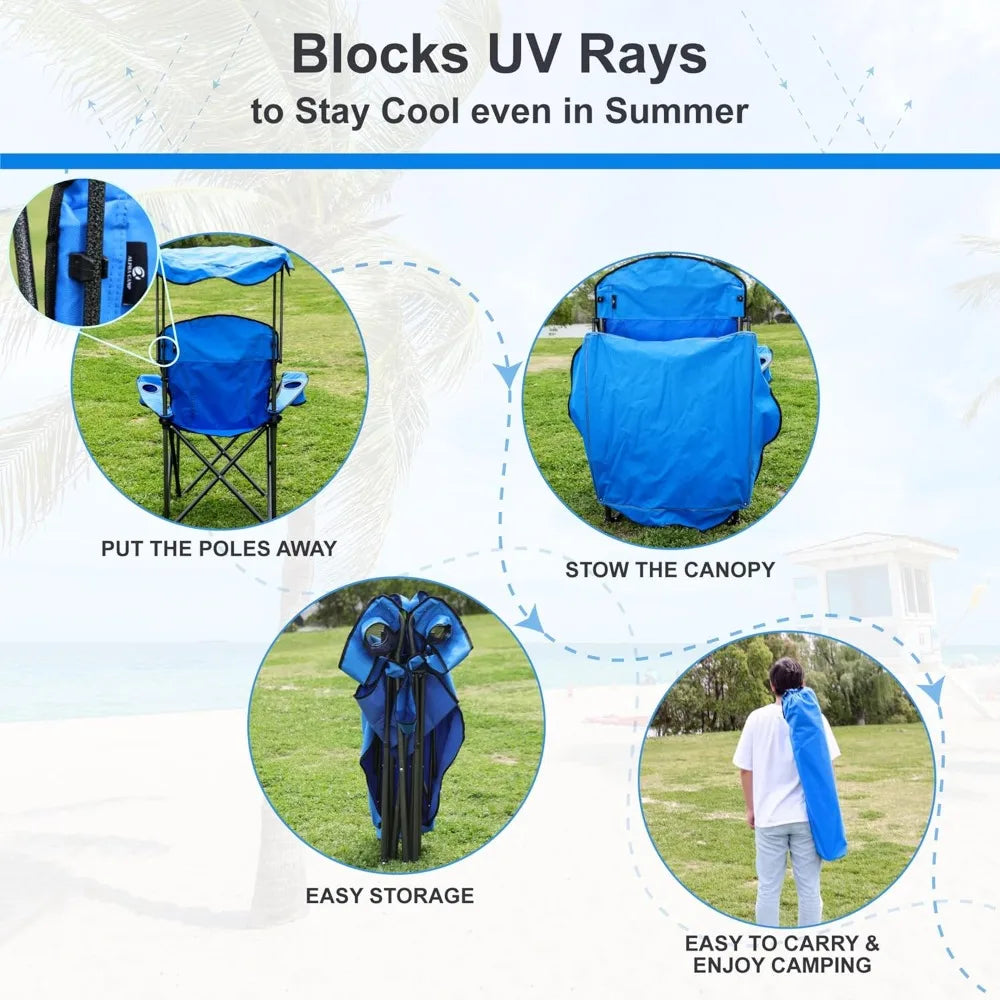 Folding Camping Chair with Sun Shade Canopy, Heavy Duty 350 LBS Capacity, Portable for Outdoor Beach Hiking