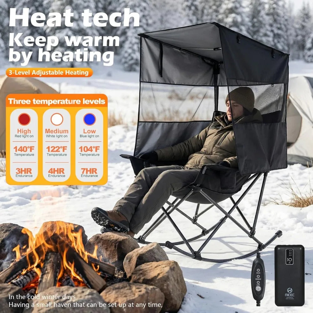 Heated Rocking Camping Chair with Canopy, XL Oversized Folding Rocker with Battery, Outdoor Umbrella Chairs with, Customized