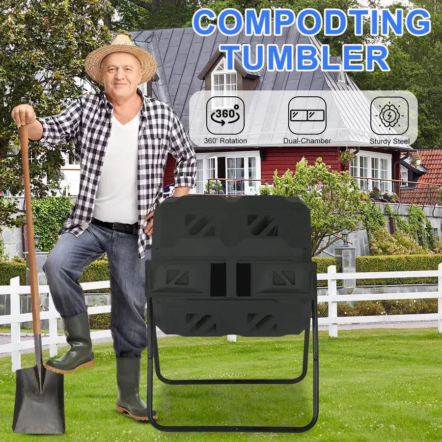 Outdoor Compost Bin, 43 Gallon Dual Chamber Tumbling Composting Bin with Sliding Doors for Garden Patio Kitchen YardBlack Door