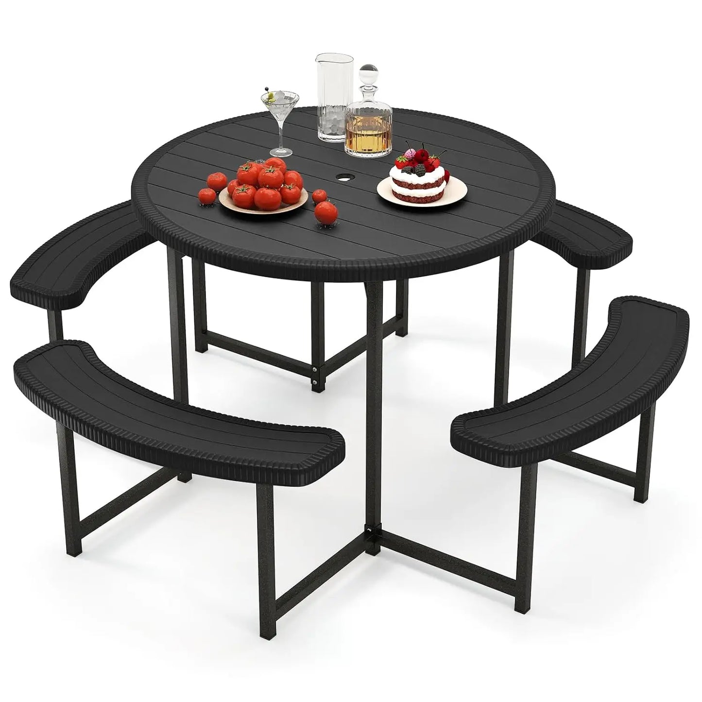 Picnic Table and Chair Set for 4-8 People, 37-inch Round Outdoor Table with Umbrella Holes, Customizable