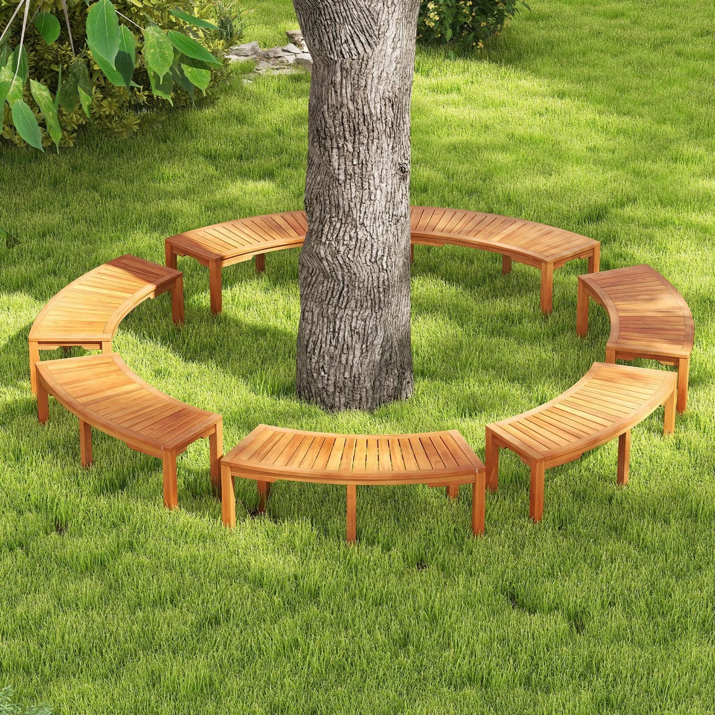 Outdoor Curved Bench w/Slatted Seat Wrap Around Tree Bench 2-Person Seating