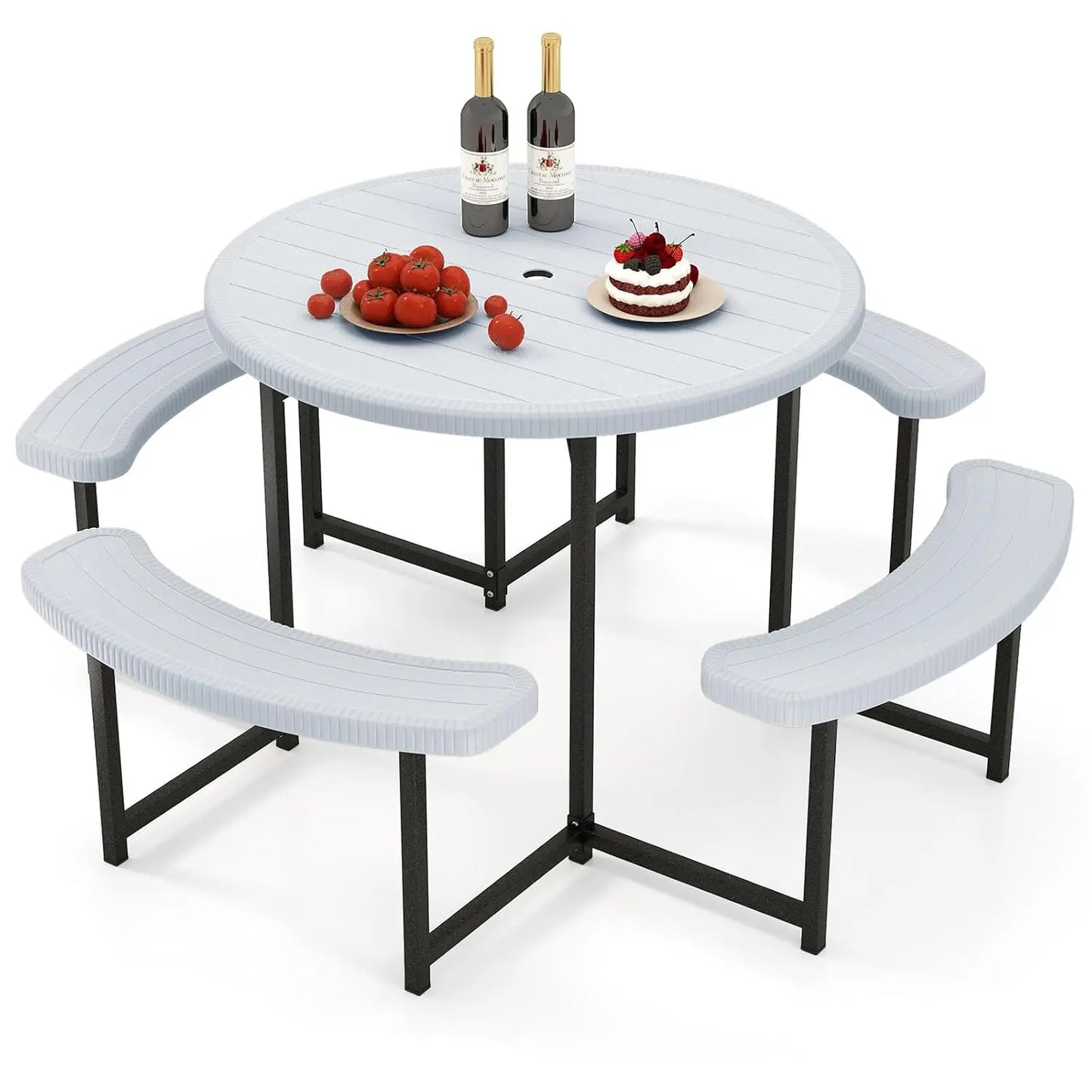 Picnic Table and Chair Set for 4-8 People, 37-inch Round Outdoor Table with Umbrella Holes, Customizable