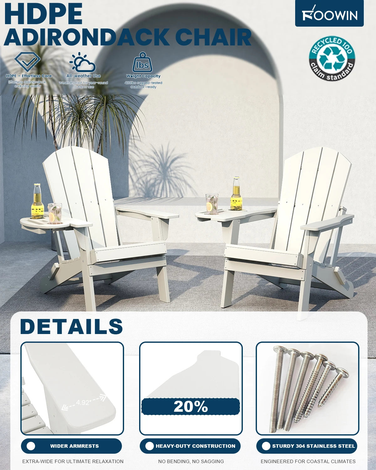 FOOWIN 1/2pcs Folding Adirondack Chair Weather Resistant HDPE Plastic Cup Holder Outdoor Patio Garden Fire Pit Deck Lawn