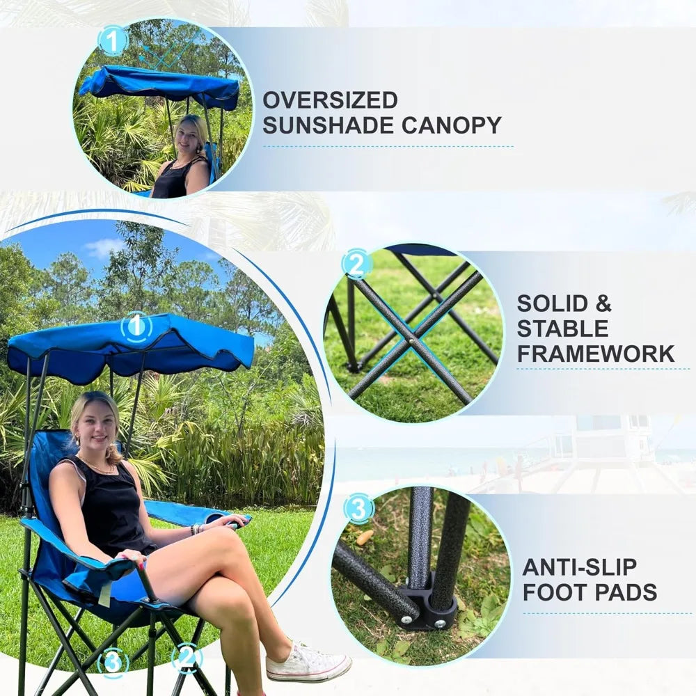 Folding Camping Chair with Sun Shade Canopy, Heavy Duty 350 LBS Capacity, Portable for Outdoor Beach Hiking