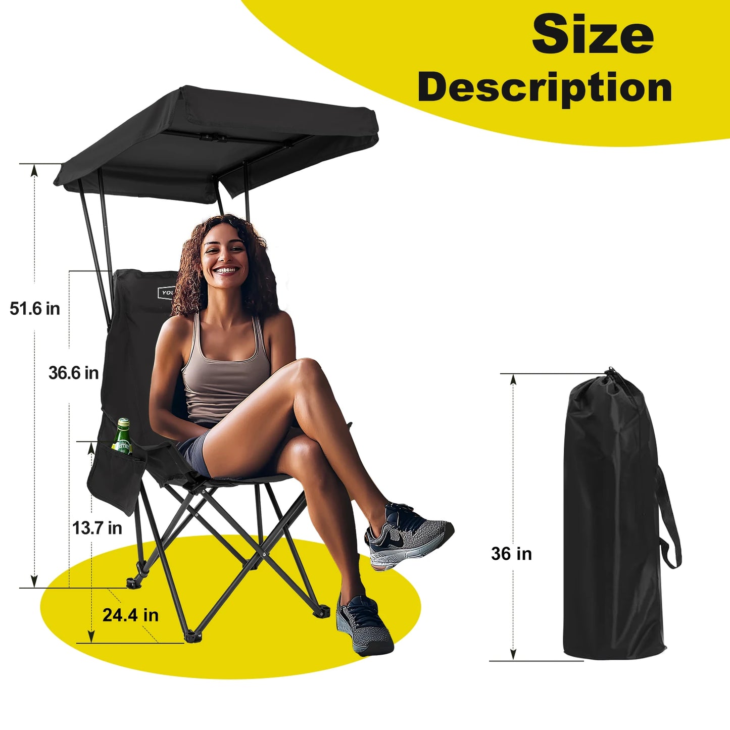 YOUNG WOOD Portable Camping Chair Beach Chair With Shade Canopy, Fold Lightweight Oversized For All, Easy To Open And Close