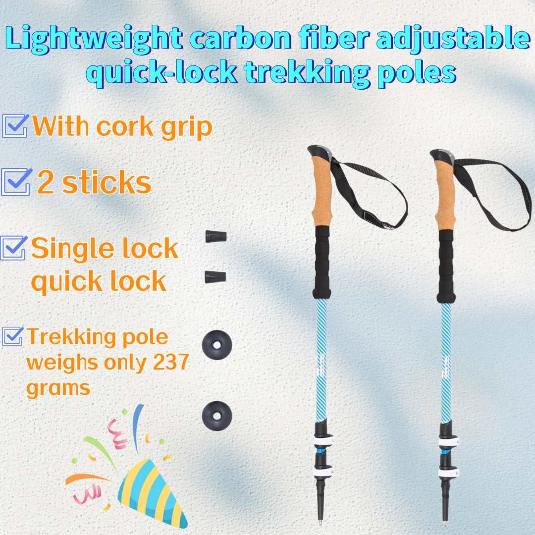 Lightweight Carbon Fiber Trekking Poles Quick Lock Adjustable - 2 Pack with Cork Grip for Hiking & Trail Walking