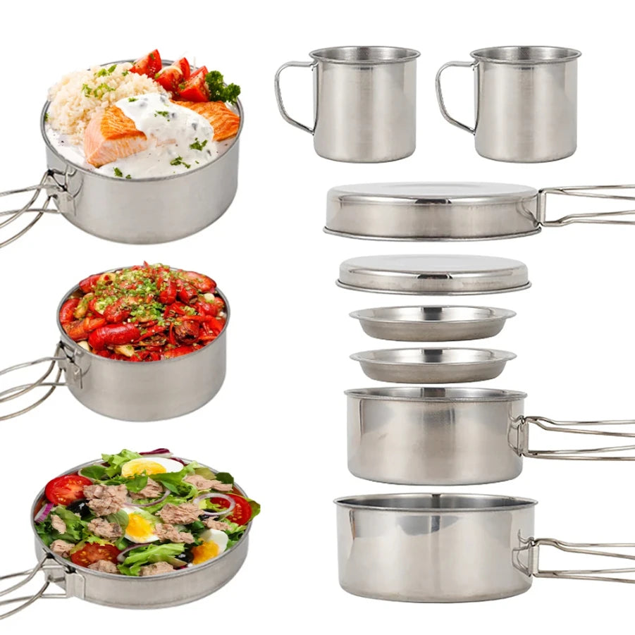 CAOX 8pcs/Set Camping Cookware Mess Kit Stainless Steel Cooking Pot and Pan Set with Plates Cups for Outdoor Hiking Backpacking