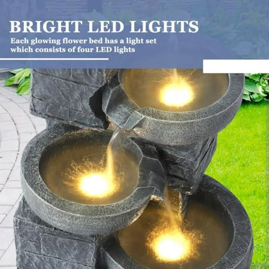 Outdoor 4-Tiers Water Fountain Garden Cascading Waterfalls Fountain with 4 LED Lights 21.9 H Modern Indoor/Outdoor Bowl Waterfa