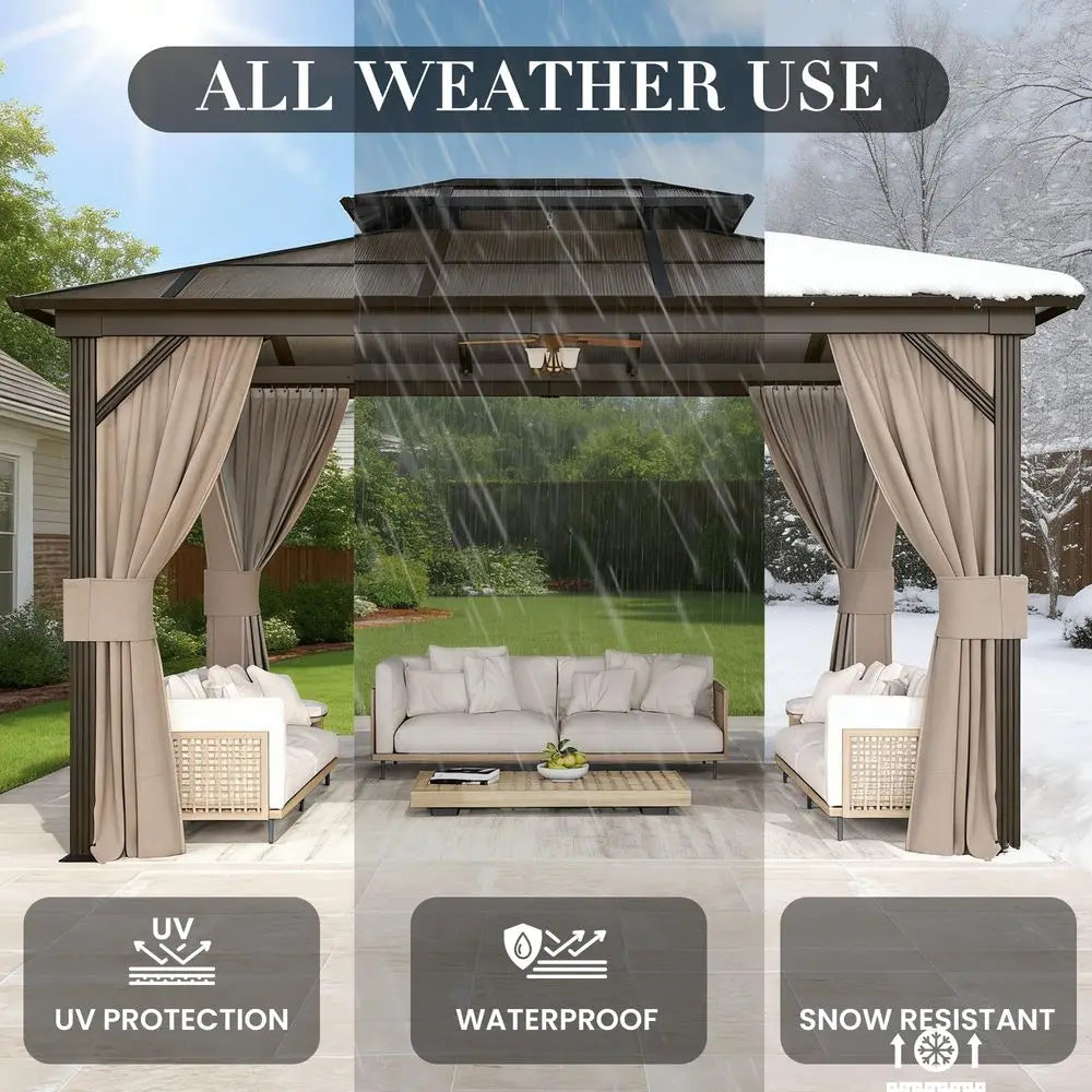 10x13 Hardtop Gazebo, Outdoor Polycarbonate Double Roof Canopy, Aluminum Frame Permanent Pavilion with Curtains and Netting, Su