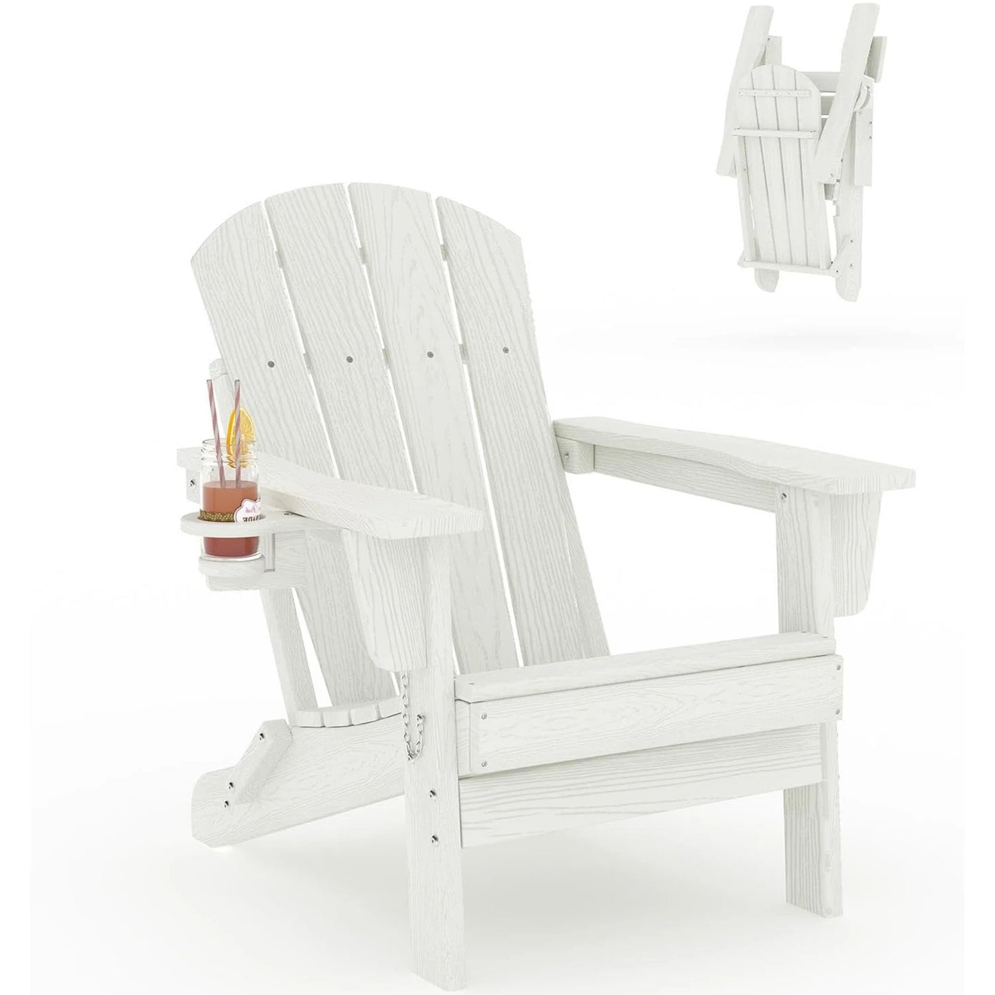 Folding Adirondack Chair With Cup Holder, All-Weather HDPE Patio Chair, Wood Textured 380lb Deck & Garden Chair