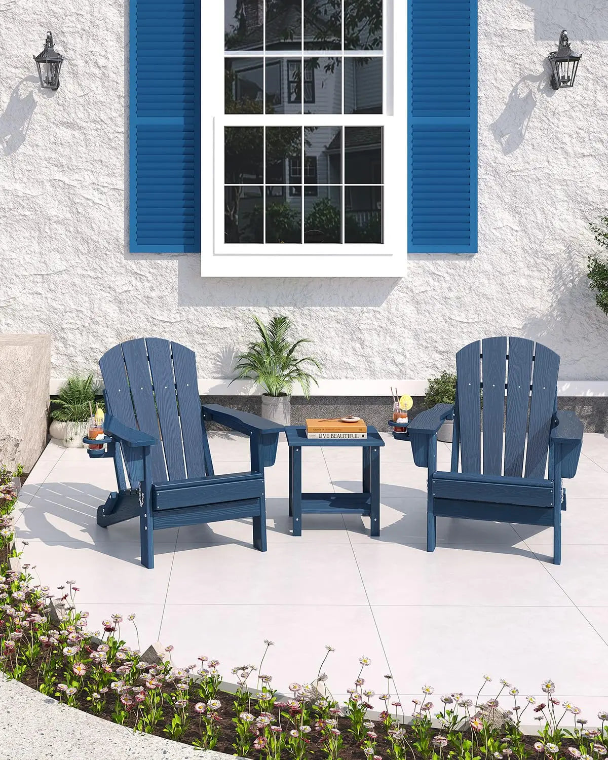 Folding Adirondack Chair With Cup Holder, All-Weather HDPE Patio Chair, Wood Textured 380lb Deck & Garden Chair