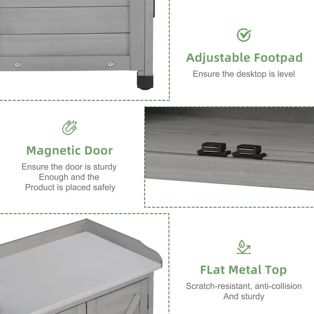 Bench with Storage Cabinet and Metal Table Top for Outdoor Patio, Garden Furniture Wood Workstation Classsic Grey, 31.5x17x39