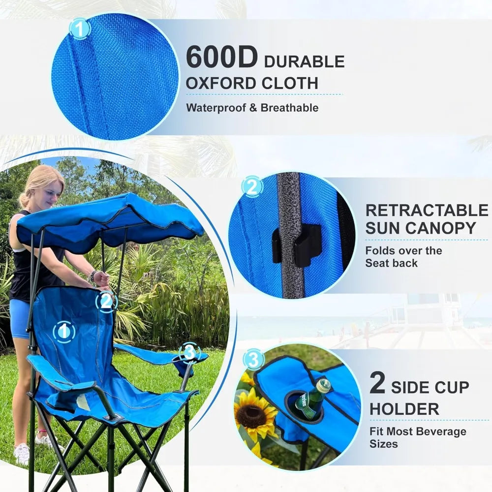 Folding Camping Chair with Sun Shade Canopy, Heavy Duty 350 LBS Capacity, Portable for Outdoor Beach Hiking
