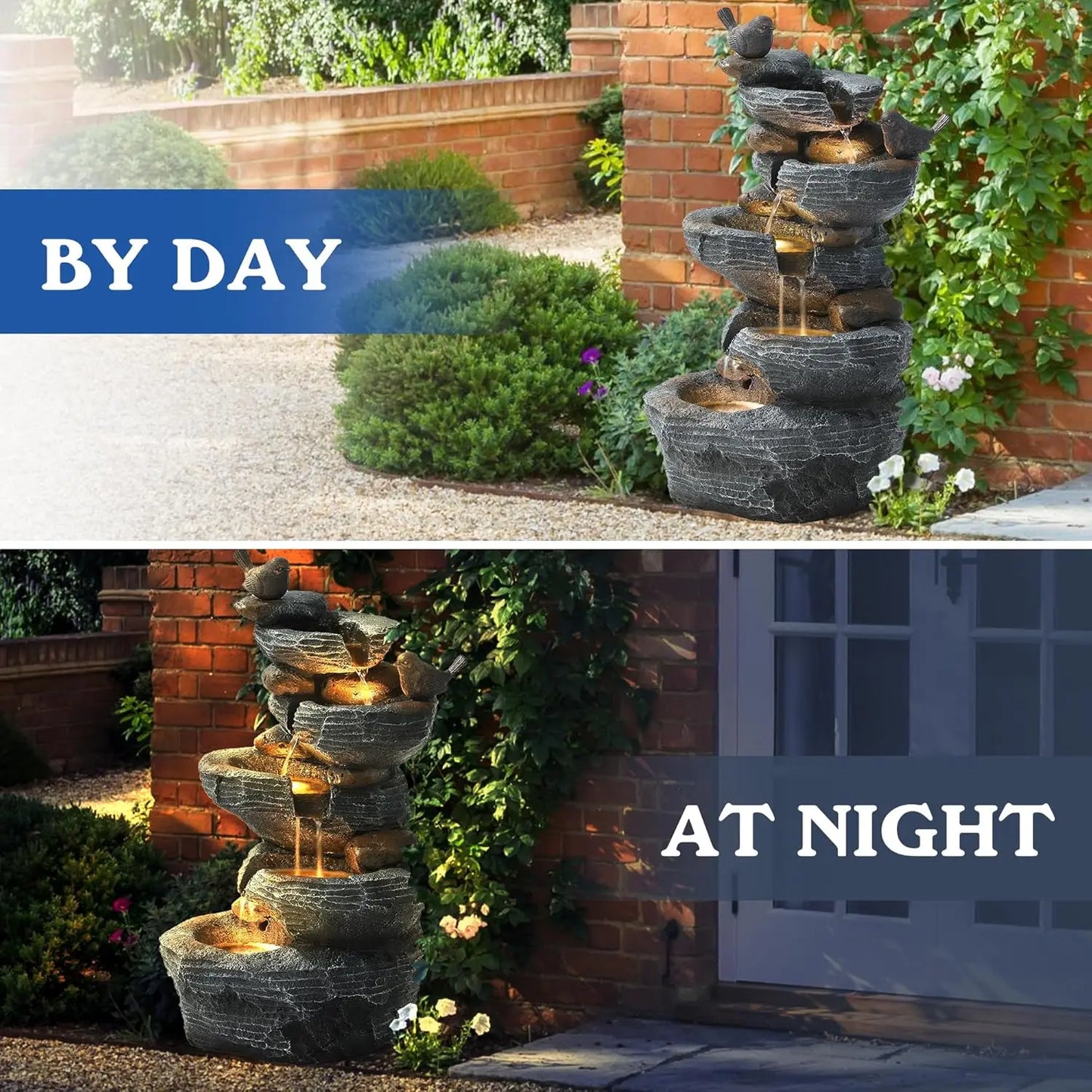 5-Tiers Cascading Rock Water Fountain Outdoor - Waterfalls Fountains with LED Lights, Outdoor/Indoor Resin Water Feature Fountai