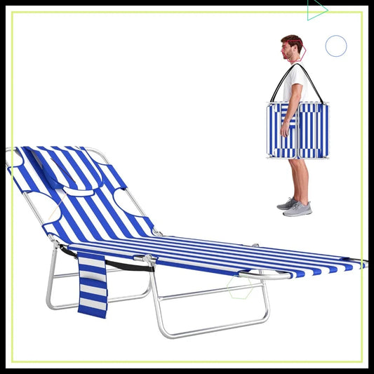 Outdoor Folding Chaise Lounge Chair with Face Hole, 5-Position Reclining Tanning Bed for Beach Pool Patio, Blue Stripe