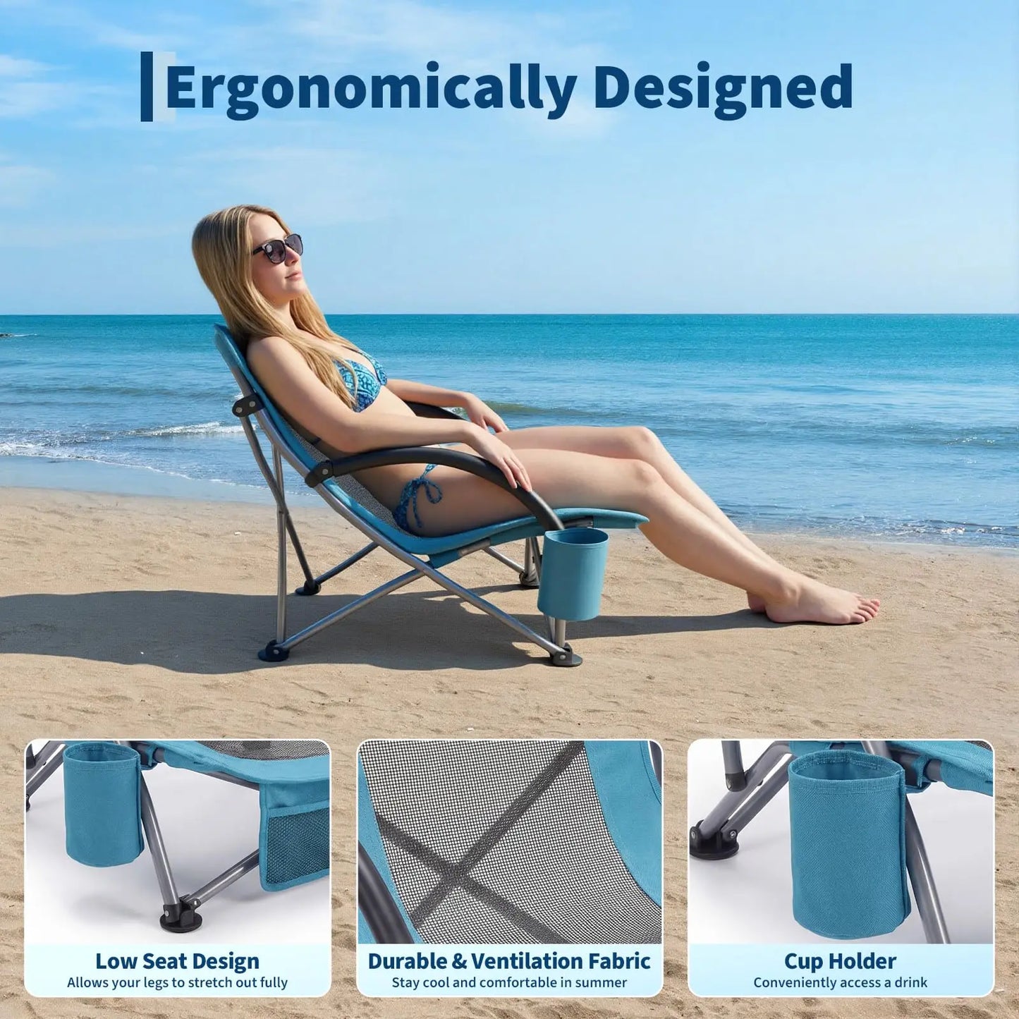 2 Pack Low Beach Chairs Folding Portable Camping Chair Heavy Duty Wide Seat With Cup Holder Carry Bag For Outdoor Sand Travel